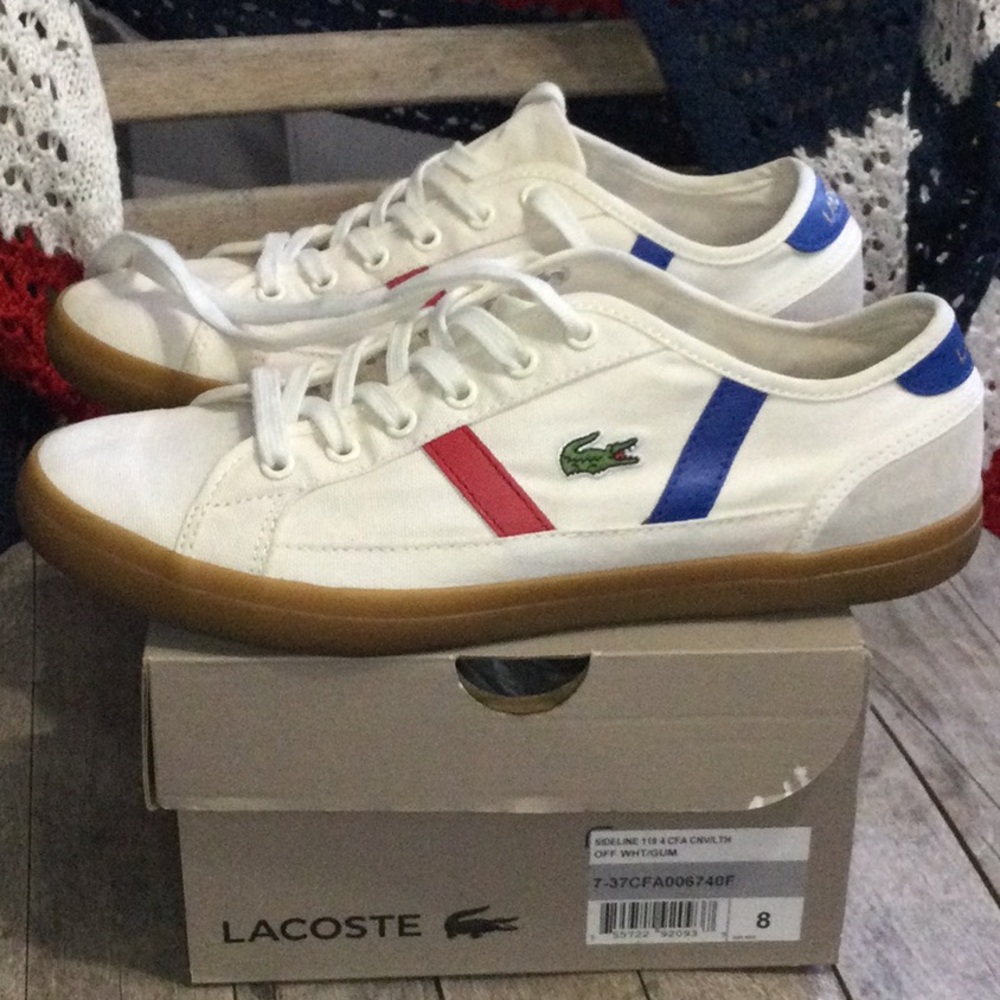LACOSTE Sideline 119  4 CMA White canvas red & blue Stripe Women Sneakers Size 8